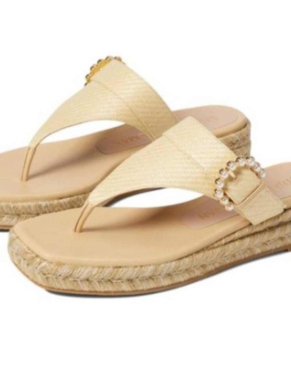 Stuart Weitzman Cream & Metallic Gold Thong Espadrille Sandals with Pearl Buckle